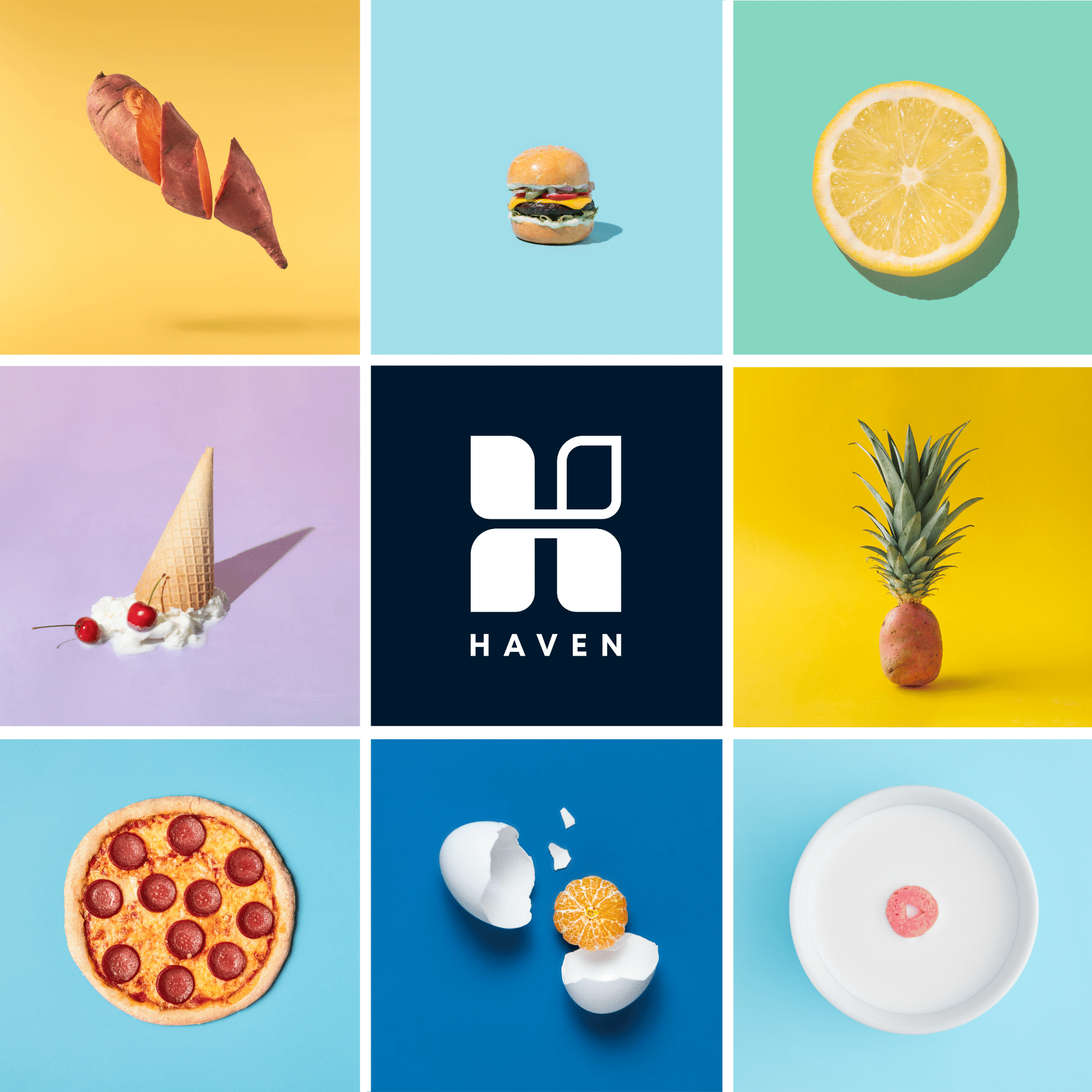 Collage of colorful food images surrounding the Haven Health logo, symbolizing food diversity and the connection between diet, sensitivity, and health.