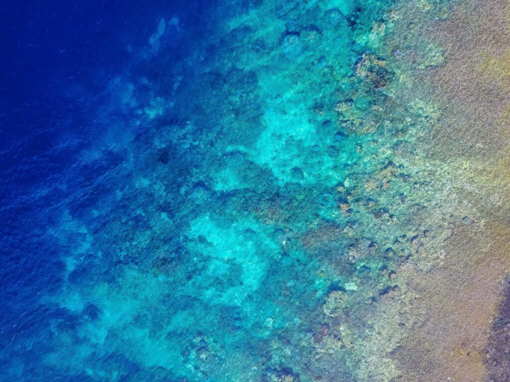 Aerial view of clear turquoise ocean water with coral reef visible.