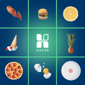 A graphic grid featuring the Haven Holistic Health logo at the center, surrounded by various foods including sweet potatoes, a hamburger, lemon, ice cream cone, pineapple, pizza, cracked egg with orange, and a bowl of yogurt, symbolizing food variety and personalized nutrition.