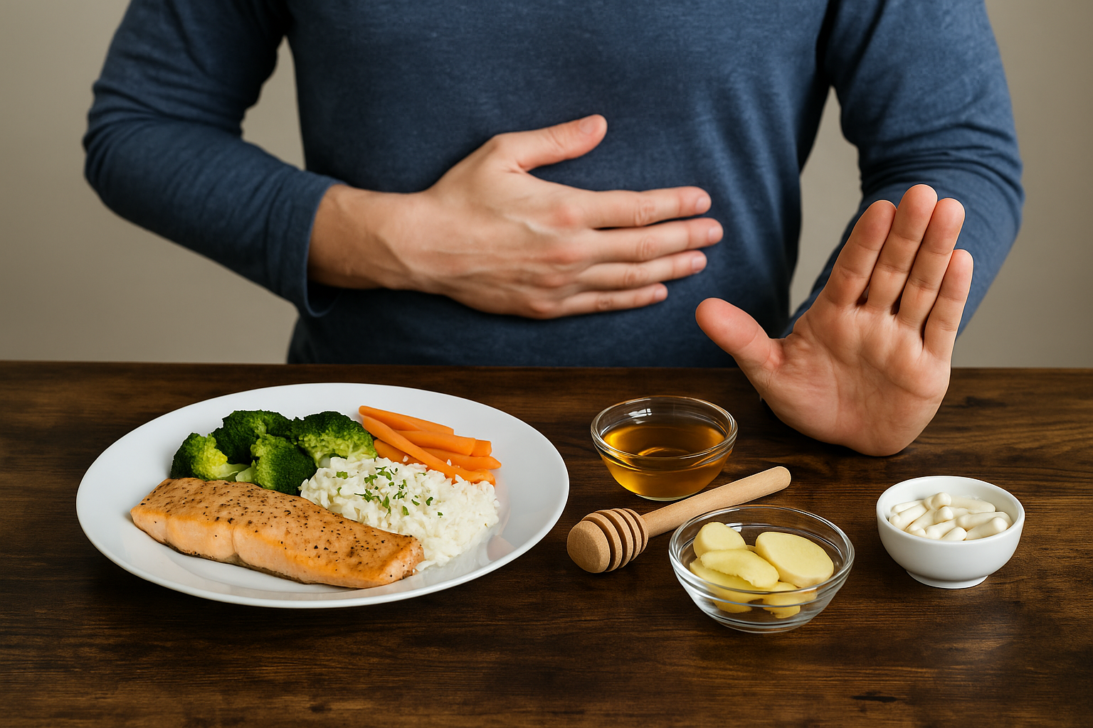 Illustration of a person silhouette holding their stomach at a dining table with healthy foods, contrasted with the same silhouette outdoors looking energized, symbolizing bloating after eating and recovery through holistic food intolerance evaluation
