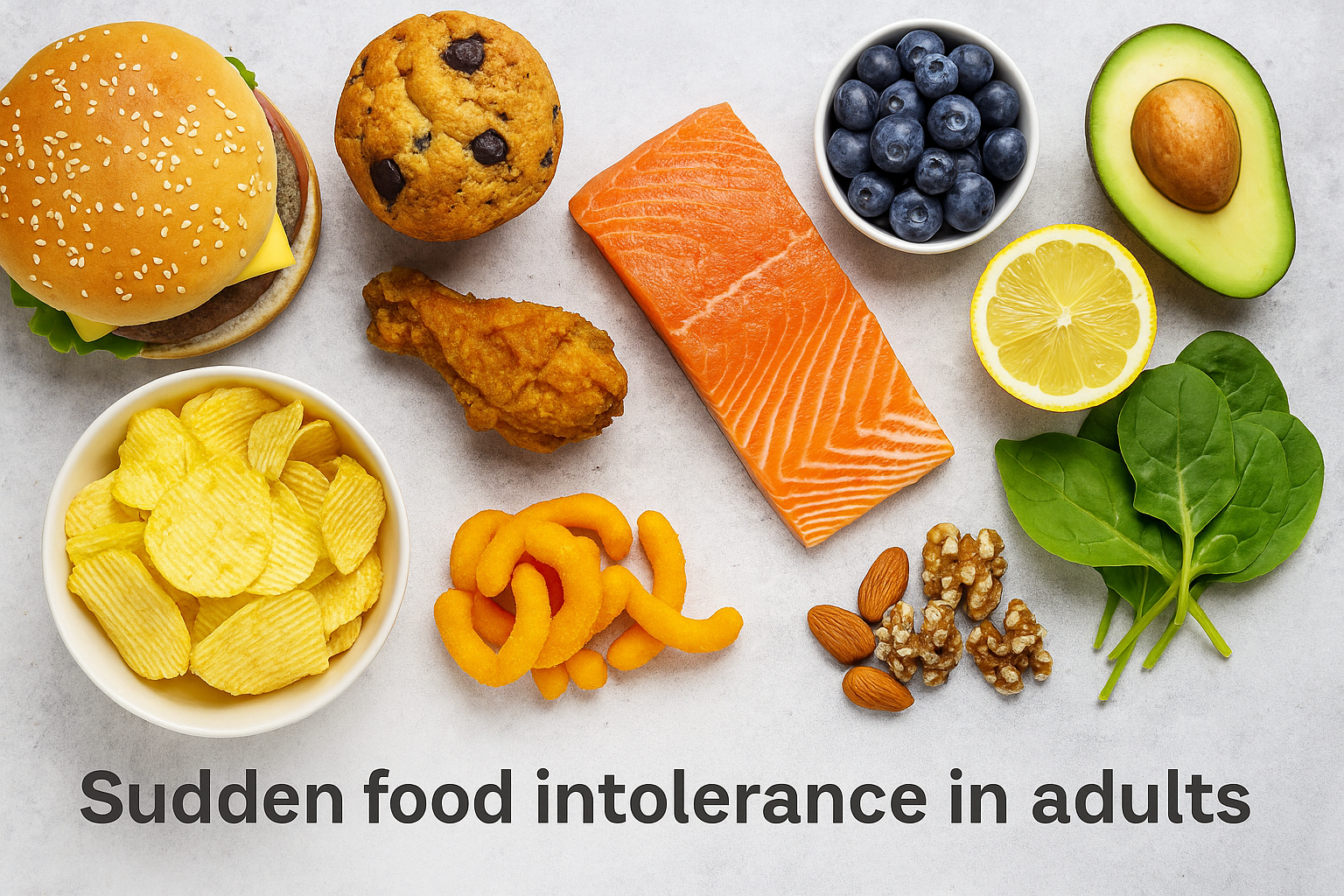 Horizontal image showing processed and inflammatory foods on the left and fresh, gut-friendly foods like salmon, leafy greens, and citrus on the right, symbolizing sudden food intolerance in adults and the shift to a healing diet.