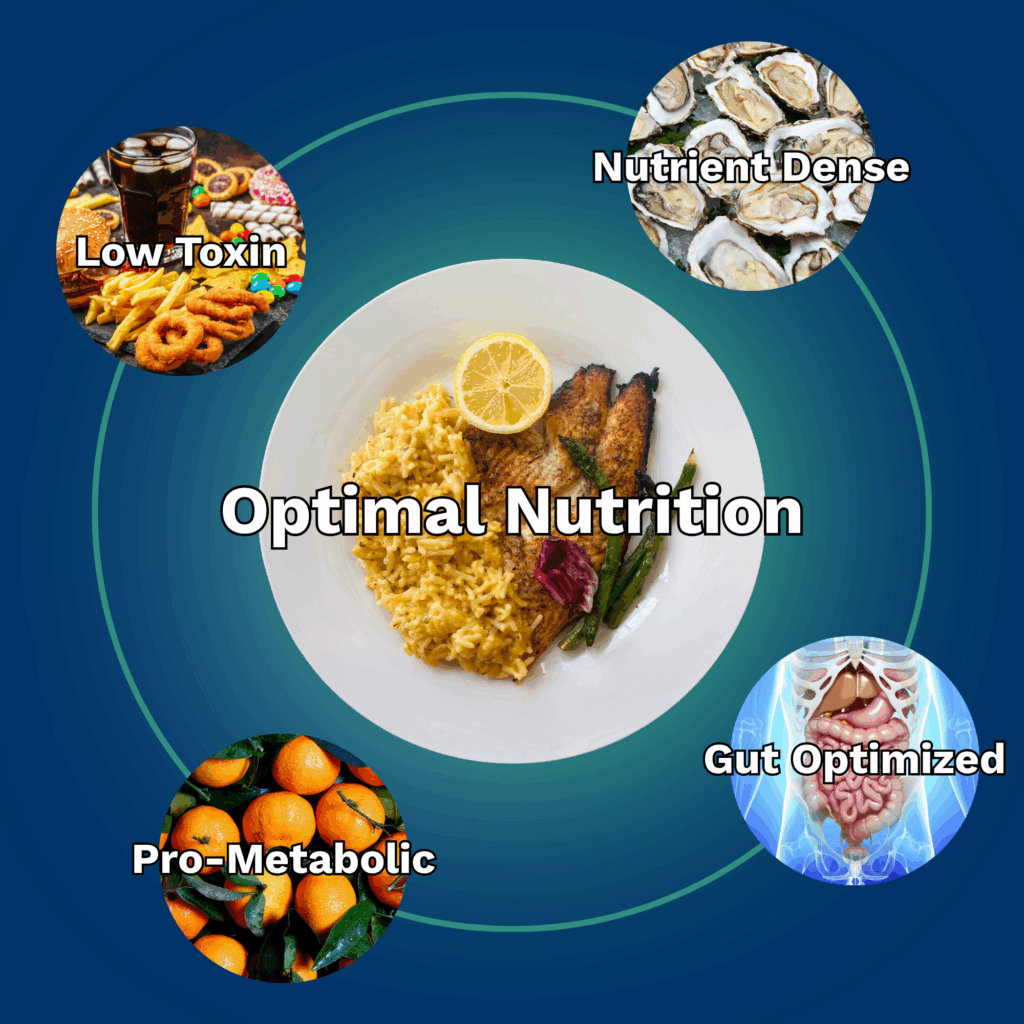A visual representation of food intolerance and digestive health showing a central plate of salmon, risotto, and asparagus surrounded by foods like citrus, fried snacks, oysters, and a digestive system illustration.
