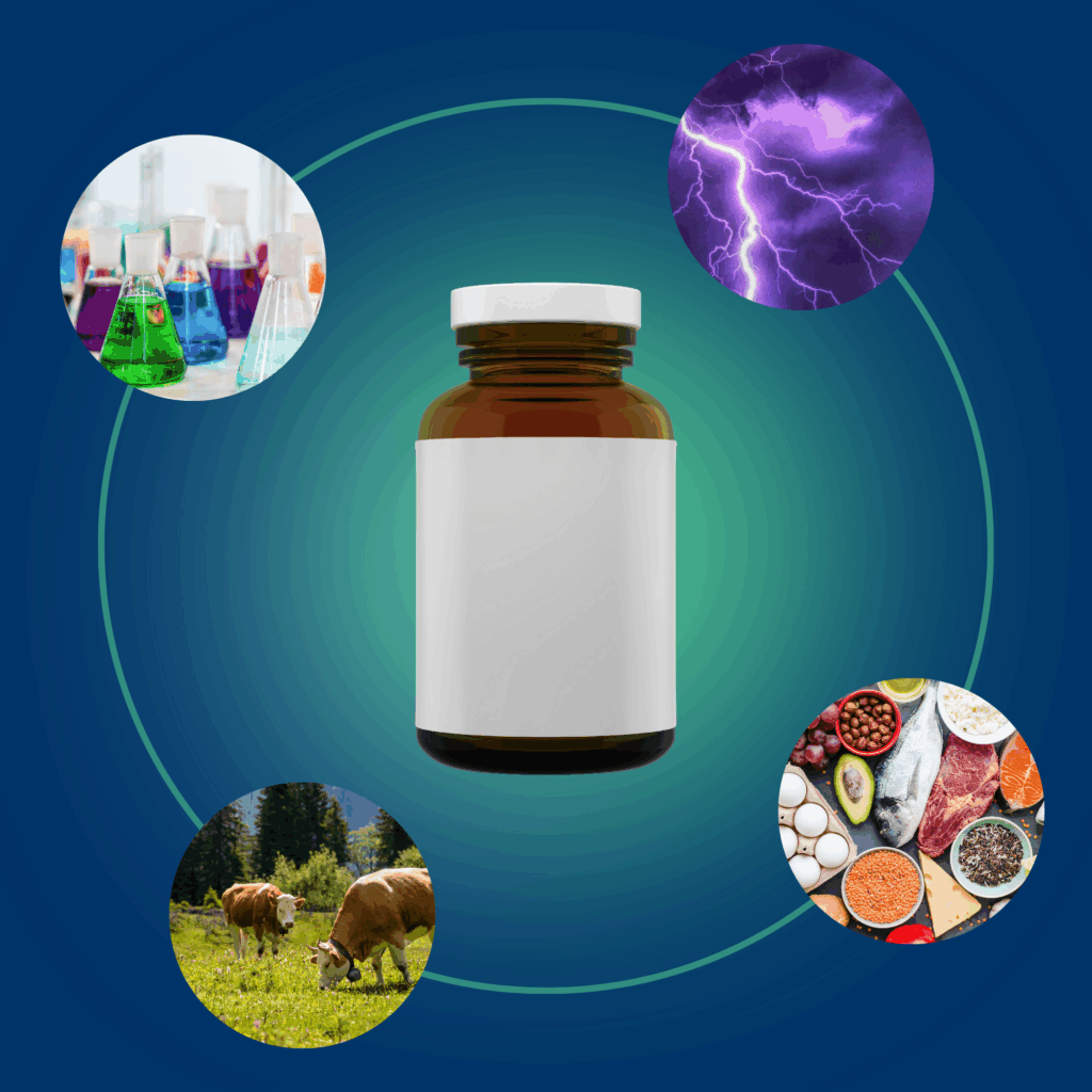 A brown bottle of capsules surrounded by circular images representing various factors affecting health, including food, livestock, lab chemicals, and lightning, symbolizing inflammation, environmental toxins, and dietary influences on wellness.